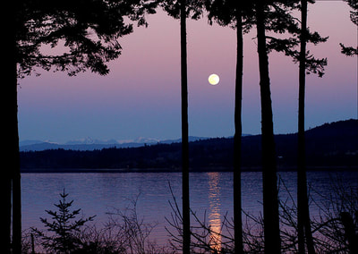 "Moonrise at Sunset Over Hornby Island", from Denman Island, BC